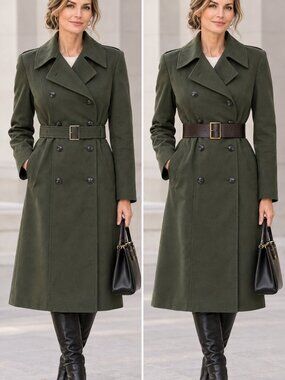 Wool Double Breasted Military Trench Coat w/ Quilted Liner